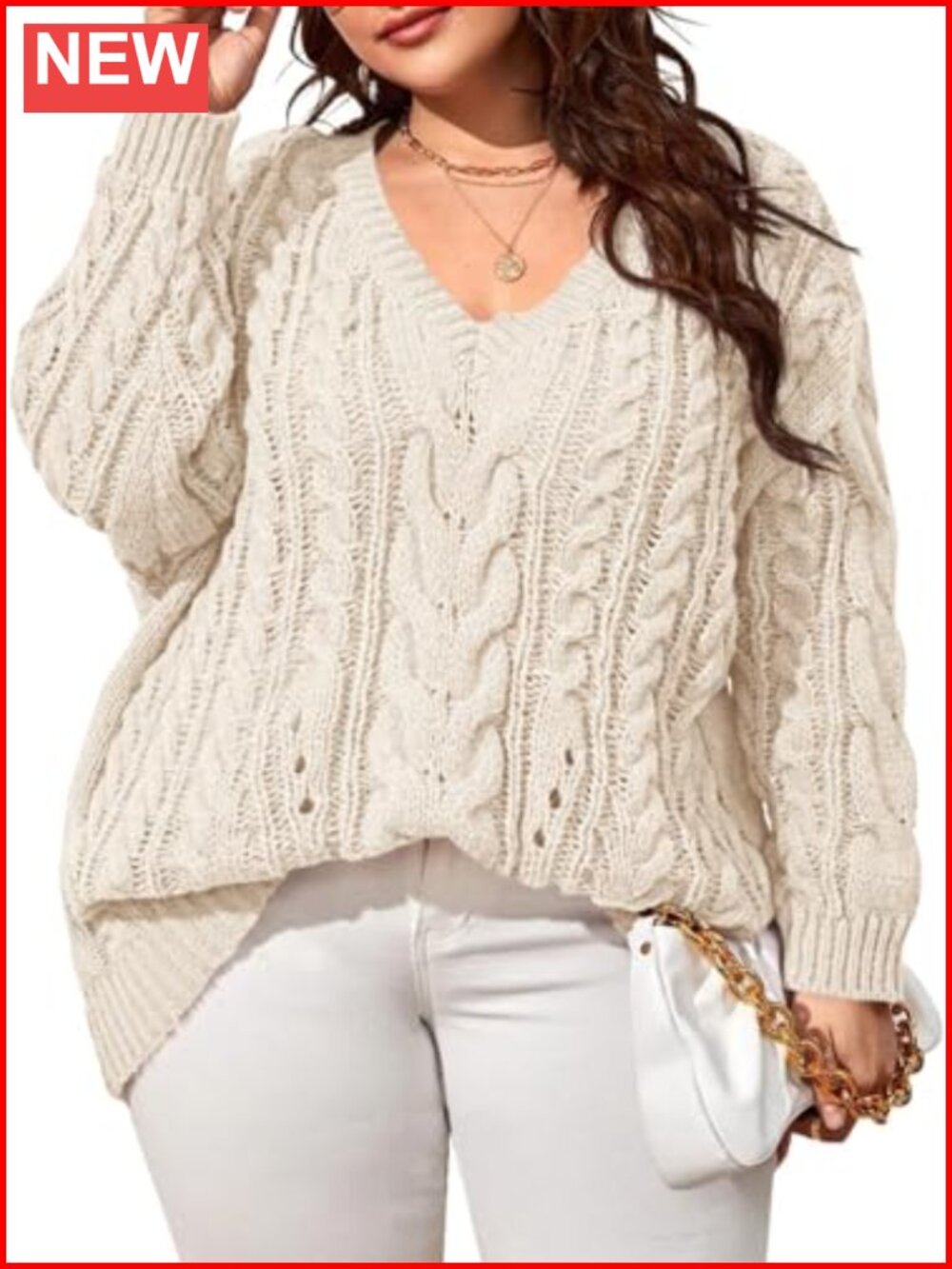 Plus Size Chunky Cable Knit V-Neck Pullover Sweater Long Sleeve Tunic